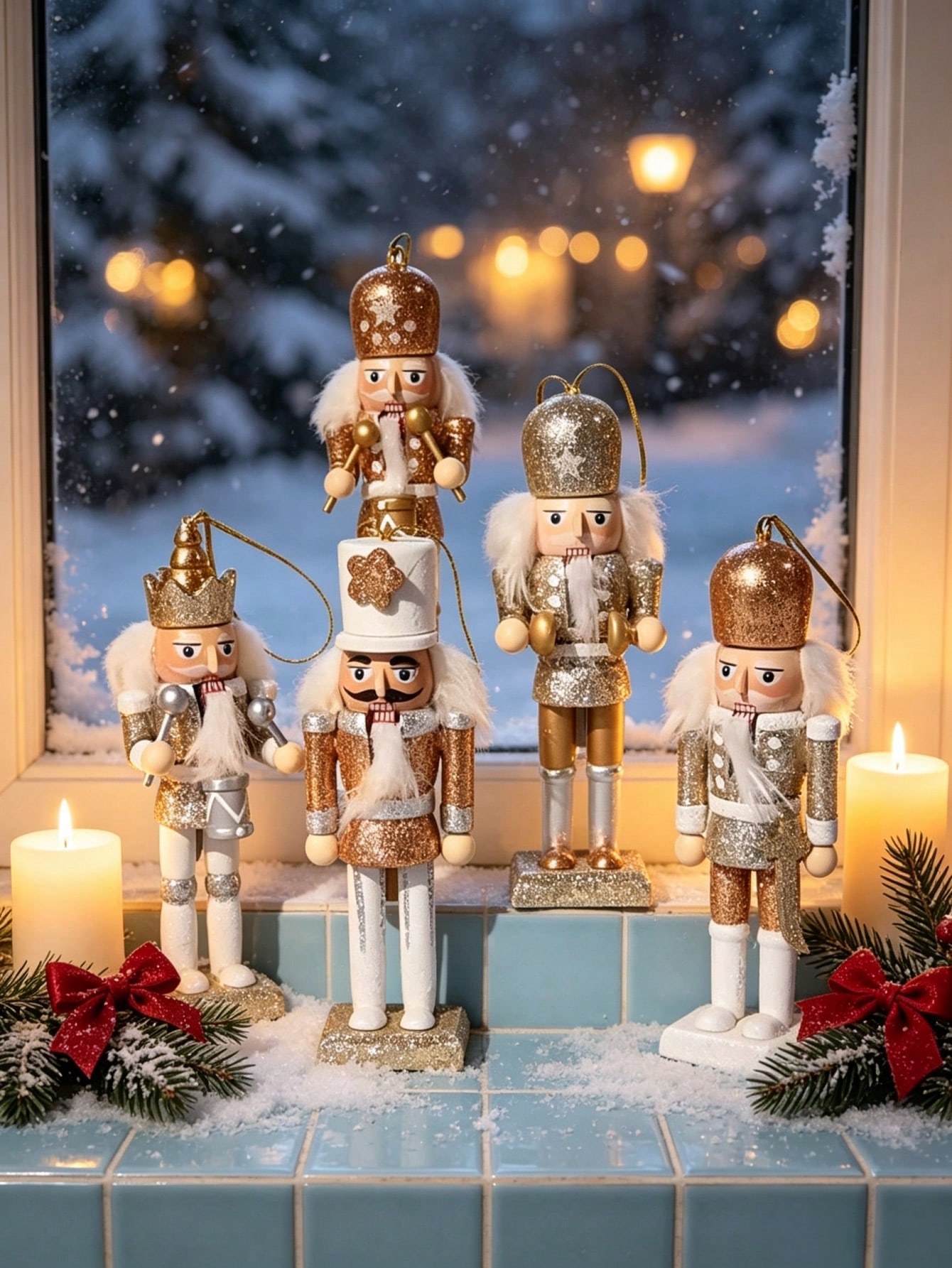 Nutcracker Figurine - 5pcs Champagne Gold Glitter Nutcracker Wooden