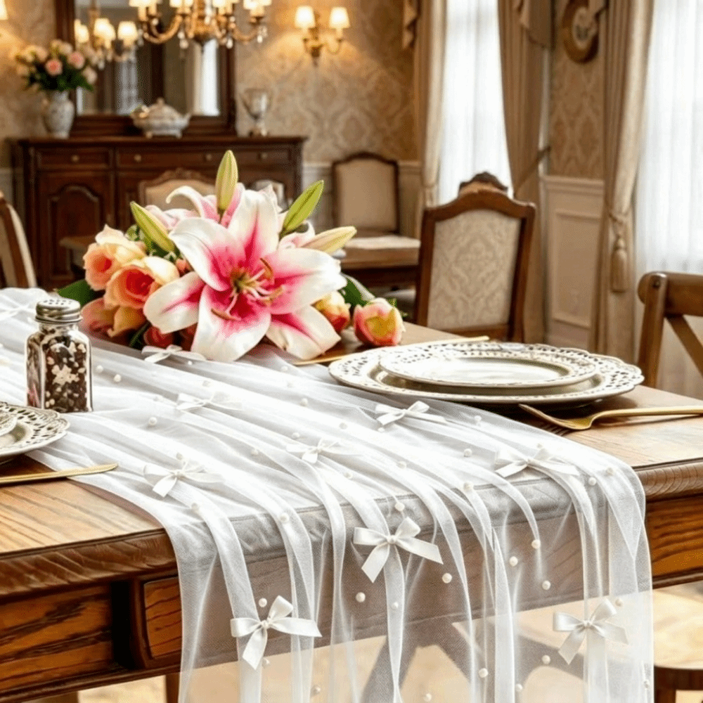Romantic Bow Pearl Chiffon Run - Christmas Table Runner recension och pris